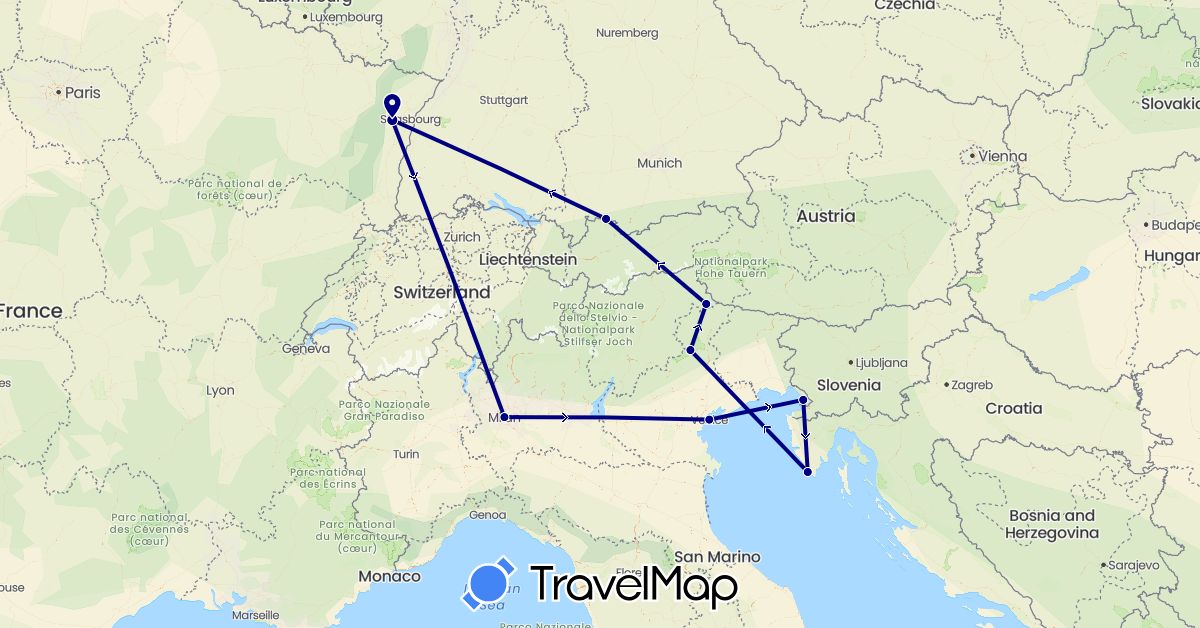TravelMap itinerary: driving in Germany, France, Croatia, Italy (Europe)